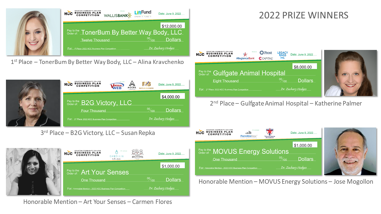 2022 Business Plan Competition Winners: 1st place - TonerBum By Better Way Body, LLC - Alina Kravchenko; 2nd place - Gulfgate Animal Hospital - Katherine Palmer; 3rd Place - B2G Victory, LLC - Susan Repka; Honorable Mention - MOVUS Energy Solutions - Jose Mogolllon; Honorable Mention - Art Your Senses - Carmen Flores.